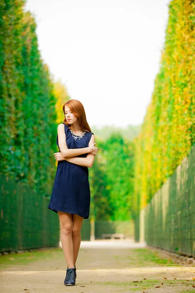 Ung Vacker Rödhårig Flicka Blå Klänning Poserar Trädgården Verssailles Frankrike — Stockfoto