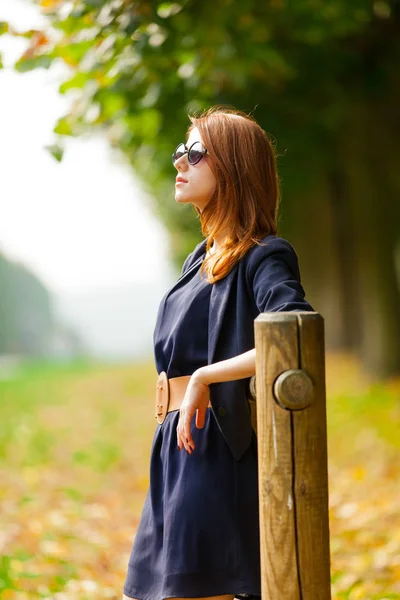 Joven Chica Pelirroja Hermosa Vestido Azul Posando Jardín Versalles Francia —  Fotos de Stock