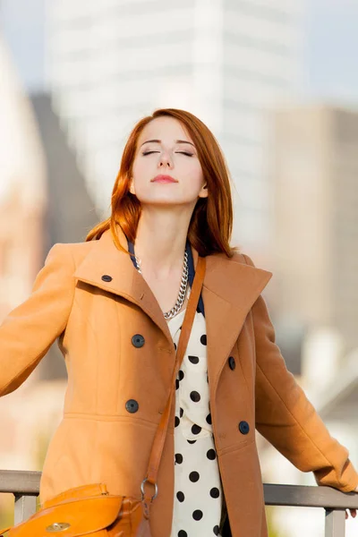 Jonge Roodharige Vrouw Met Vacht Hebben Een Rust Straten Frankfurt — Stockfoto