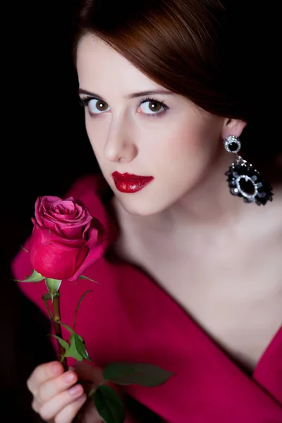 Young Surprised Woman Red Victorian Epoch Clothes Red Rose Dark — Stock Photo, Image