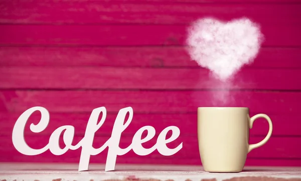 Heart Shape Steam Beige Cup Coffee Word Coffee Pink Background — Stock Photo, Image