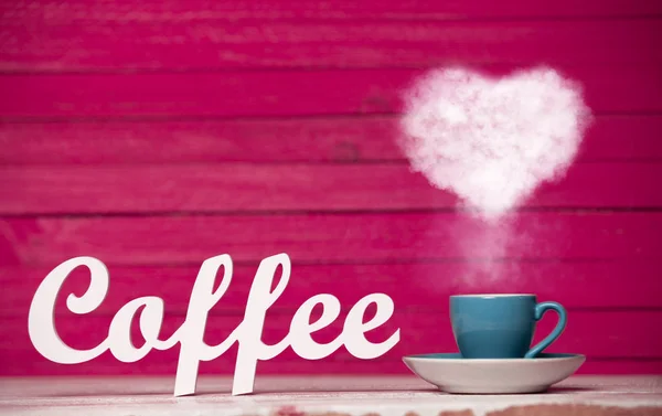 Heart Shape Steam Blue Cup Coffee Word Coffee Pink Background — Stock Photo, Image