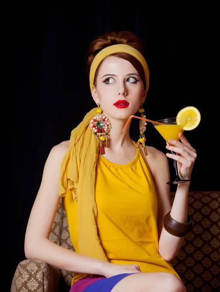 Young Redhead Girl 70S Yellow Clothes Style Sitting Armchair Cocktail — Stock Photo, Image