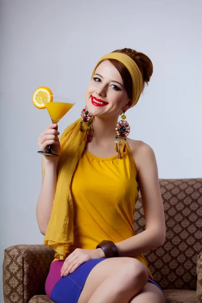 Young Redhead Girl 70S Yellow Clothes Style Sitting Armchair Cocktail — Stock Photo, Image