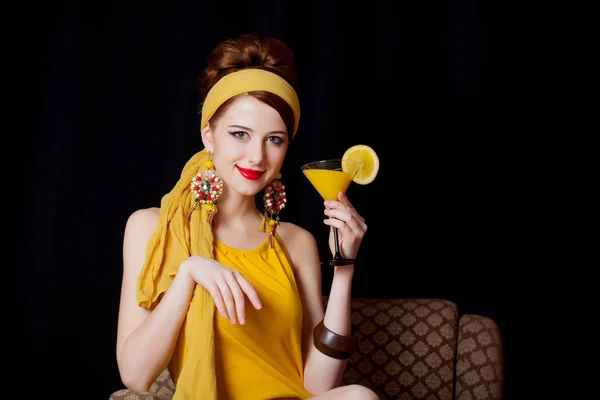 Young Redhead Girl 70S Yellow Clothes Style Sitting Armchair Cocktail — Stock Photo, Image