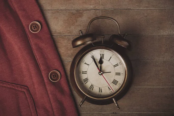 Vintage Alarm Clock Wooden Table Top View — Stock Photo, Image