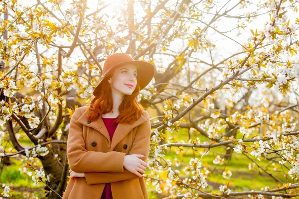Roodharige Meisje Hoed Poseren Staande Cherry Blossom Tuin — Stockfoto