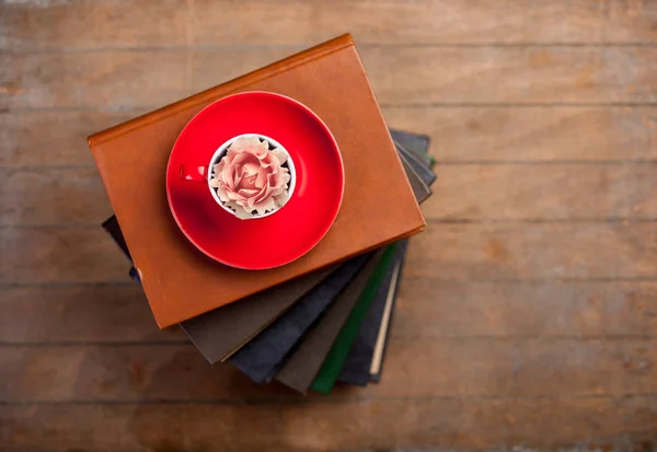 Taza Con Capullo Rosa Pila Libros Sobre Fondo Madera Vista — Foto de Stock