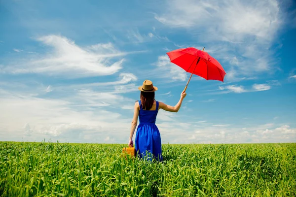 Mooie Roodharige Meisje Met Koffer Paraplu Staande Tarweveld Zomer Seizoen — Stockfoto