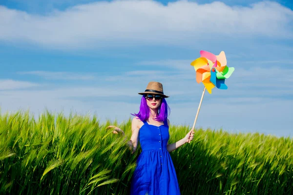 Beautiful Purple Hair Girl Pinwheel Wheat Field Summertime Season — Stock Photo, Image