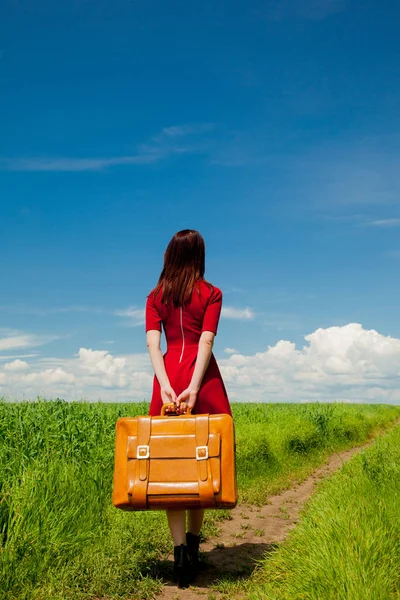 Güzel kızıl saçlı kız çanta buğday alan yaz sezonu