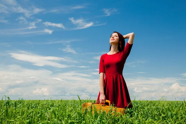 Beautiful Redhead Girl Suitcase Standing Wheat Field Summertime Season — Stock Photo, Image