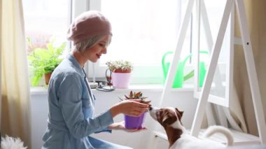 Köpek ve evde katta oturan bitki ile bere içindeki genç kız