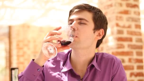 Young man drinking a glass of wine — Stock Video