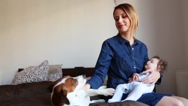 Vrouw Denim Blouse Bedrijf Slaperig Jongetje Handen Strelen Hond — Stockvideo