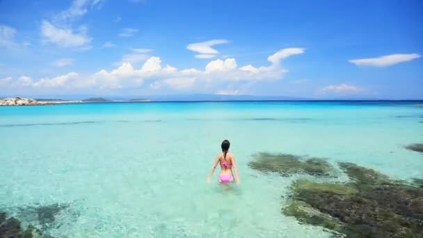 ギリシャの暖かい海を楽しんでいる女性の後姿 — ストック動画