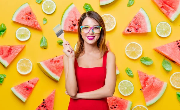 Young Girl Red Dress Glasses Brush Watermelons Background — Stock Photo, Image