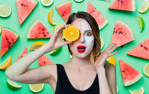 Woman Using Eye Patch Eyes Mask Watermelon Background — Stock Photo, Image