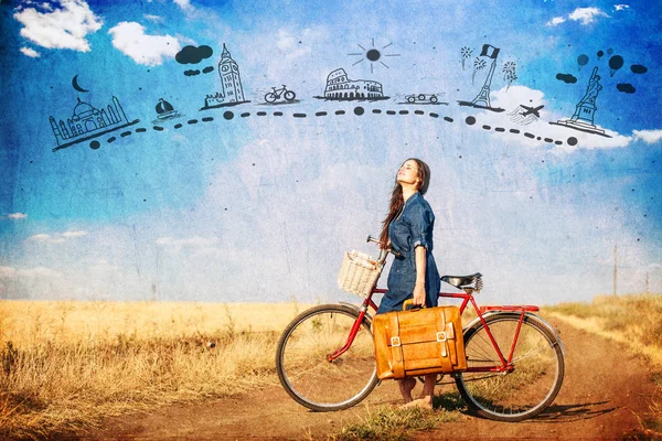 Brunette Meisje Met Fiets Koffer Land Zijweg Abstracte Routekaart Lucht — Stockfoto