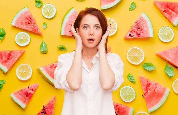 Portrait Surprised Redhead Woman Yellow Background — Stock Photo, Image