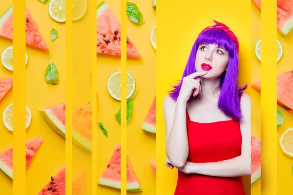 西瓜和柠檬背景紫色头发的年轻女孩肖像 — 图库照片