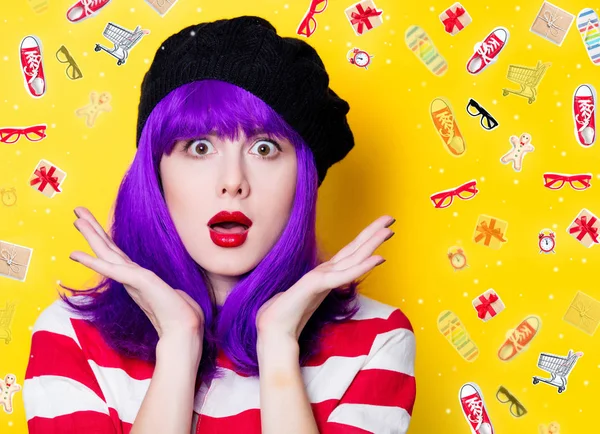 Portrait Young Woman Purple Hair Yellow Background Ojects — Stock Photo, Image