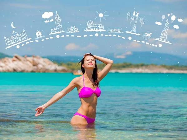 Joven Chica Hermosa Bikini Playa Grecia Concepto Vacaciones Verano Mapa — Foto de Stock