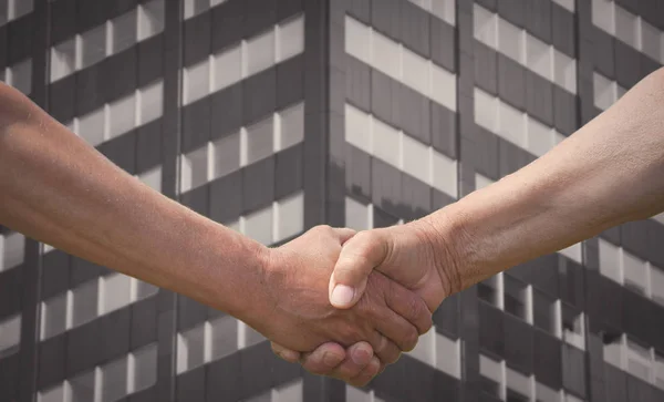 Partners handshake with building — Stock Photo, Image