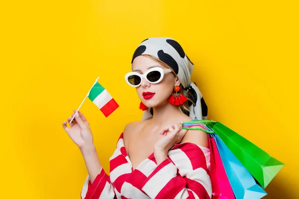 Portrait Beautiful Style Woman Sunglasses Striped Clothes Italian Flag Shopping — Stock Photo, Image