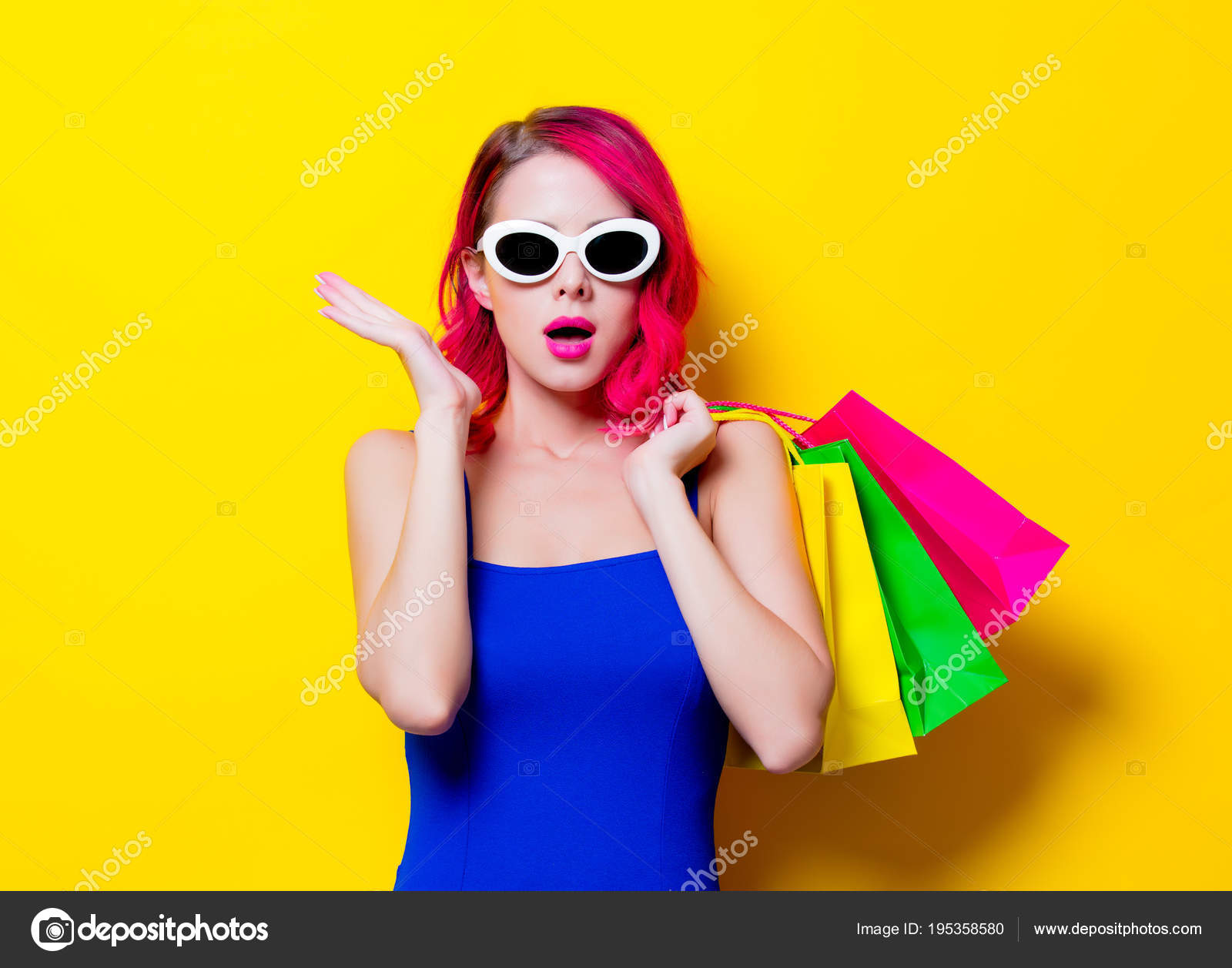 Young Pink Hair Girl Blue Dress Colored Shopping Bags Portrait