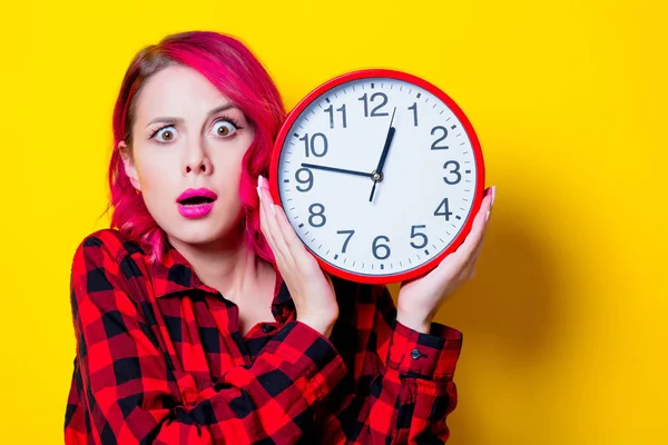 Young Redhead Girl Big Clock Portrait Isolated Yellow Background — Stock Photo, Image