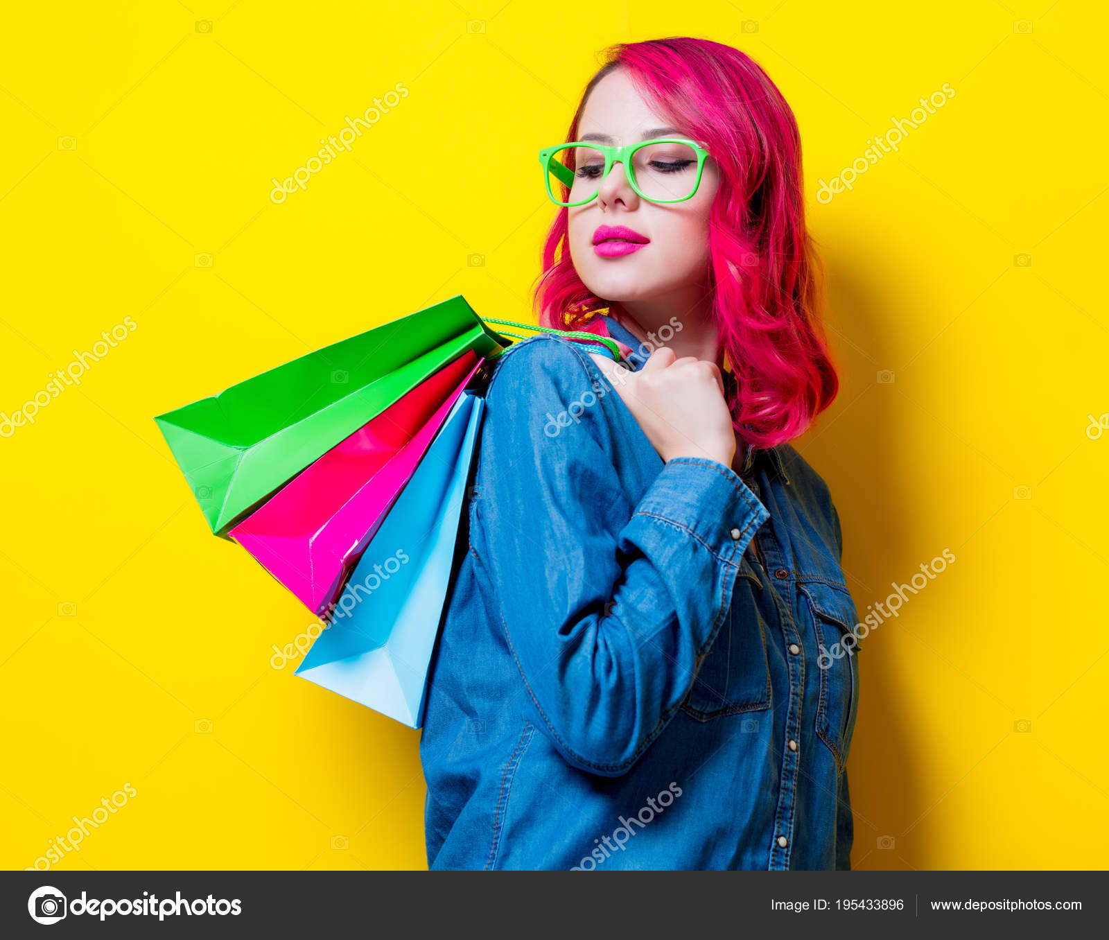 Young Pink Hair Girl Blue Shirt Green Glasses Holding Colored