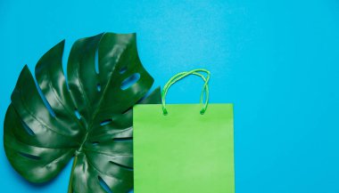 Renkli alışveriş çantası ve palmiye yaprağı. Üzerinde mavi arka plan izole nesneleri