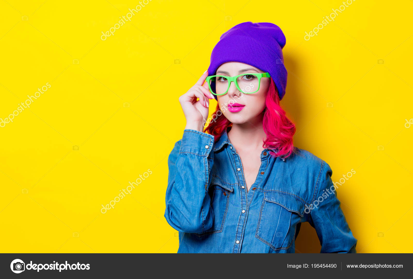 Young Pink Hair Girl Blue Shirt Purple Hat Green Glasses Stock