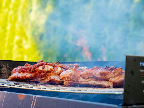 Grilled barbecue pork ribs with smoke — Stockfoto