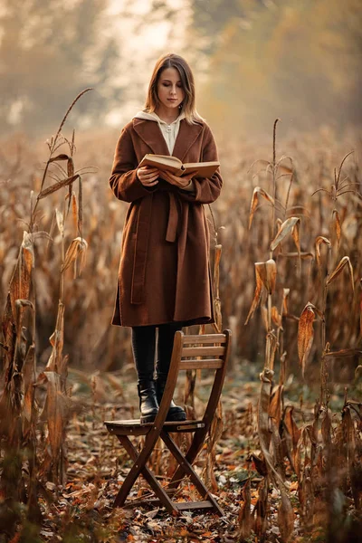 Estilo mujer con libro estancia en silla en el campo de maíz en otoño —  Fotos de Stock