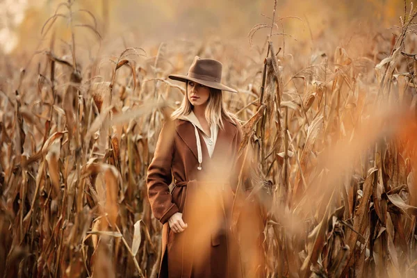 Mujer de estilo en abrigo y sombrero en el campo de maíz en temporada de otoño — Foto de Stock