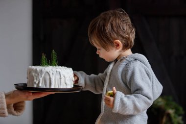 Küçük çocuk evde doğum günü pastasını test ediyor.