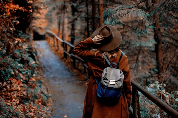 Mujer joven en sombrero en un parque de temporada de otoño — Foto de Stock