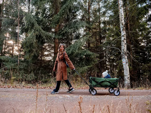 Mulher com uma criança em um vagão andando na floresta — Fotografia de Stock