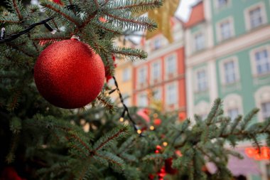 Wroclaw, Polonya 'daki Noel pazarında güzel kırmızı mücevherler 