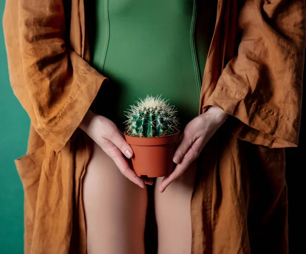 Жінка тримає кактус в руках на рівні ноги — стокове фото