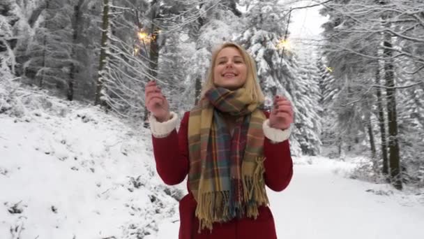 Rubia Abrigo Rojo Con Espumoso Bosque Nevado — Vídeos de Stock