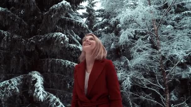 Vacker Blond Kvinna Snön Skog — Stockvideo