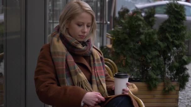 Young Woman Drink Coffee Cup Sitting Bench City Street — Stock Video