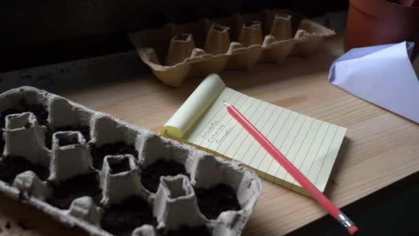 Graines de légumes dans des boîtes d'œufs et note — Video