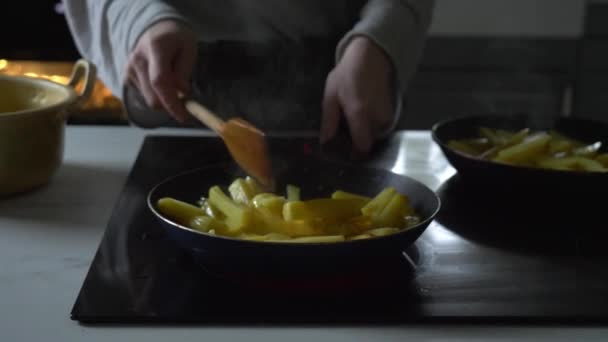 Mulher fritando batatas em uma panela em casa — Vídeo de Stock