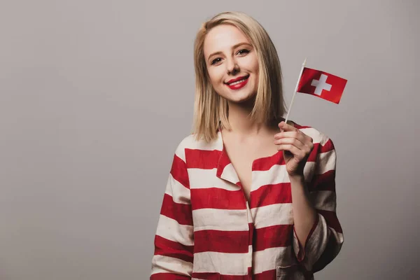Beatiful Girl Holds Switzerland Flag Gray Background — Stock Photo, Image