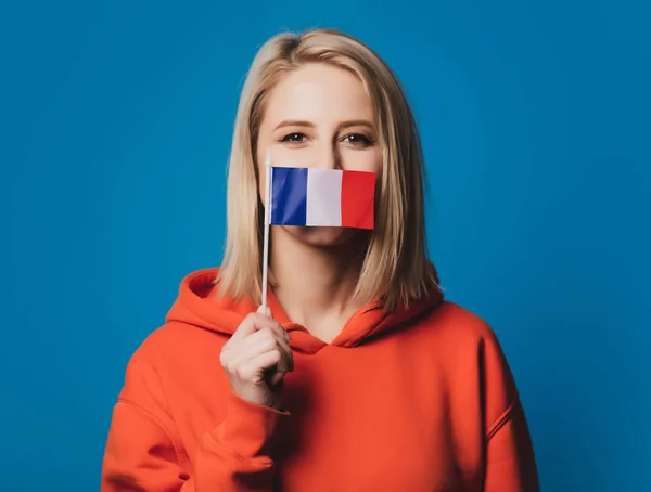 Beatiful Girl Holds Flag France Blue Background — Stock Photo, Image