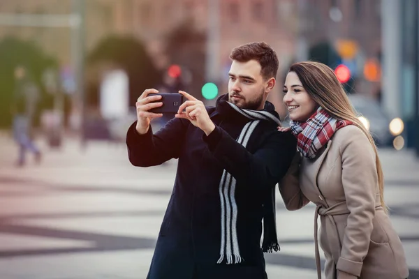Young Couple Takes Selfie City Street Wroclaw Poland — Stock Photo, Image